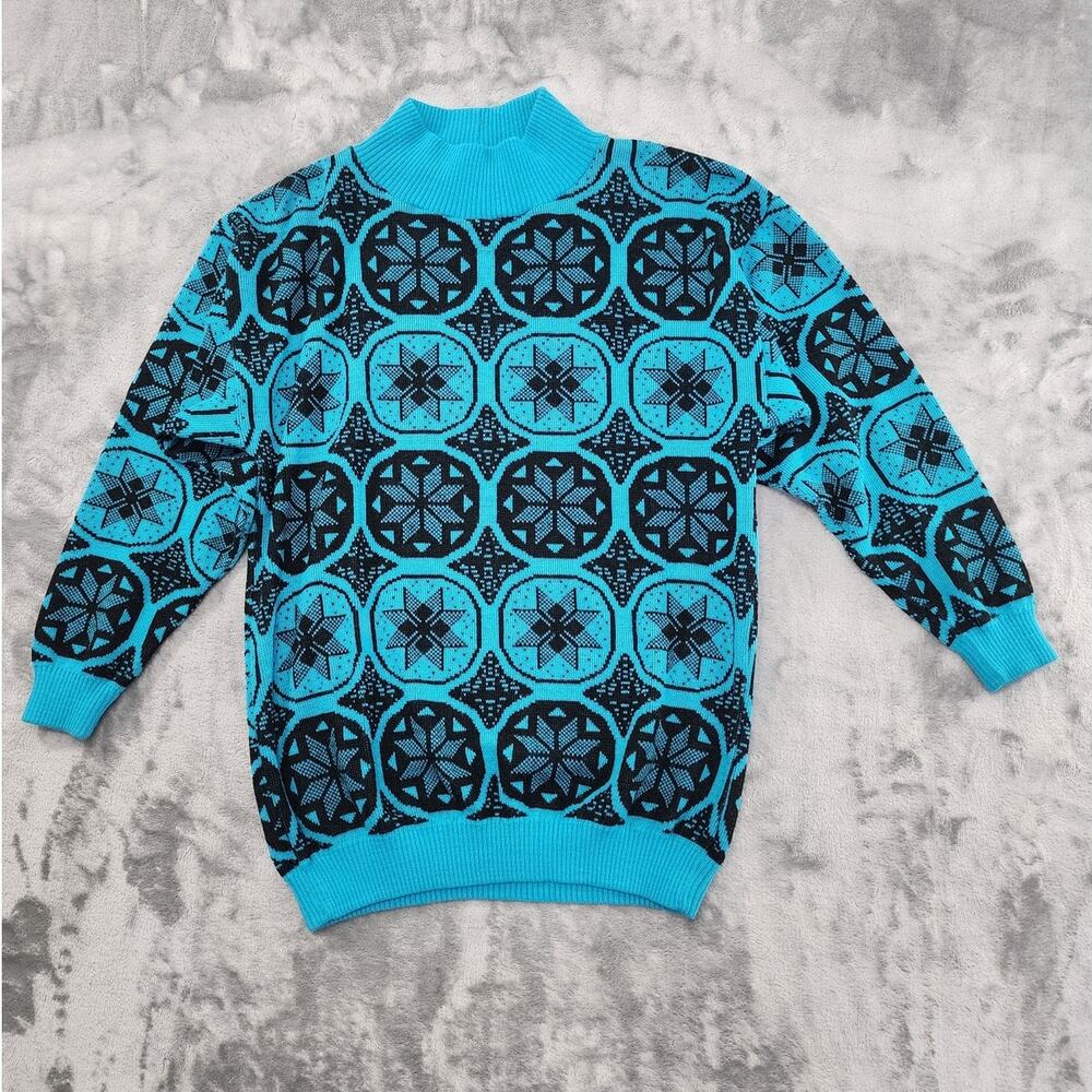 Vintage Andrew St. John Sweater Womens M Blue Black Mock‎ Neck Pullover Holiday